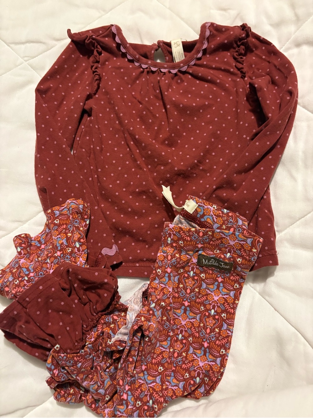 Matilda Jane Burgundy & Lavender Polka Dot Top with Patterned Leggings